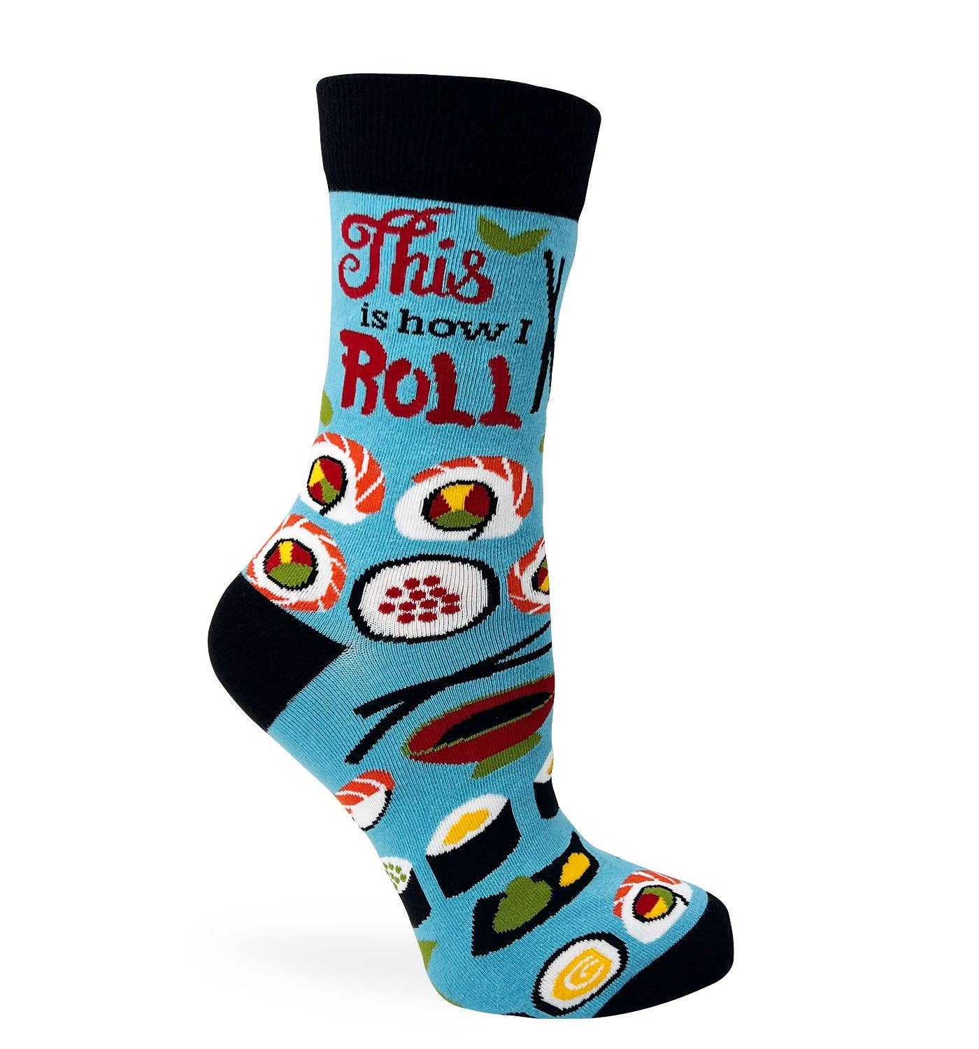 Socks with sushi design and text 'This is how I roll' on a white background