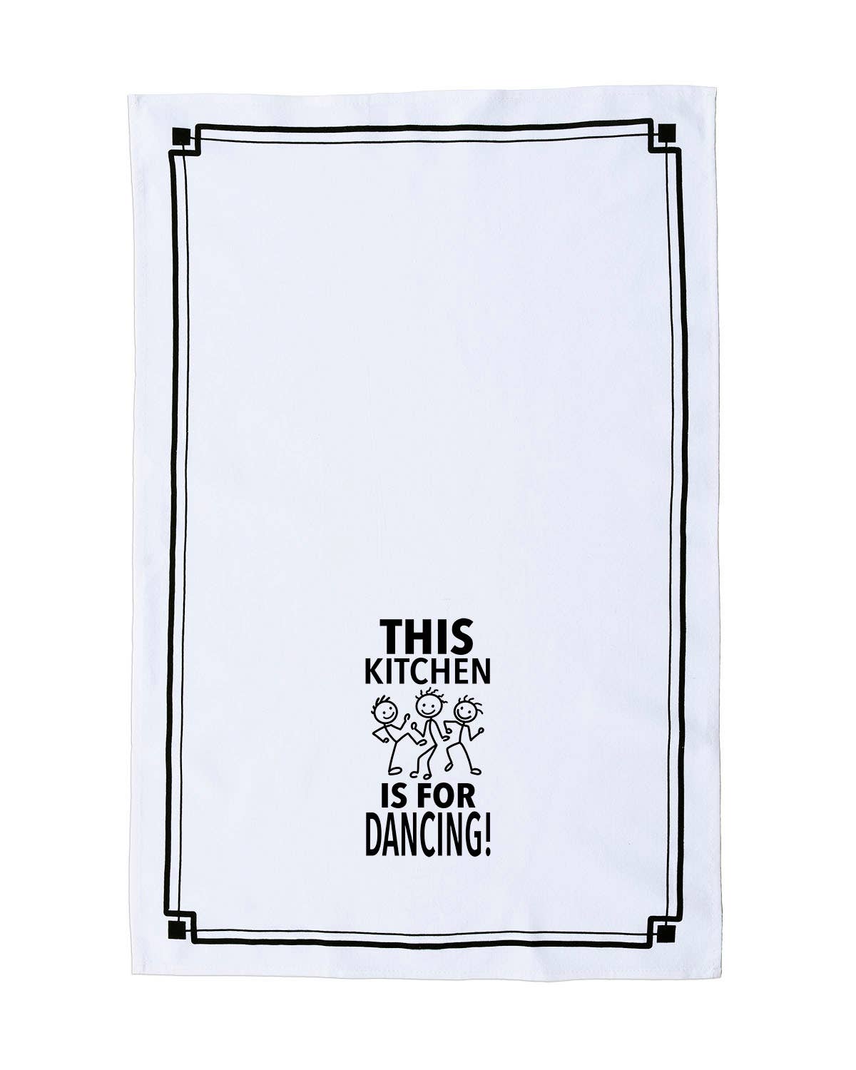White towel with black text and graphics on a white background