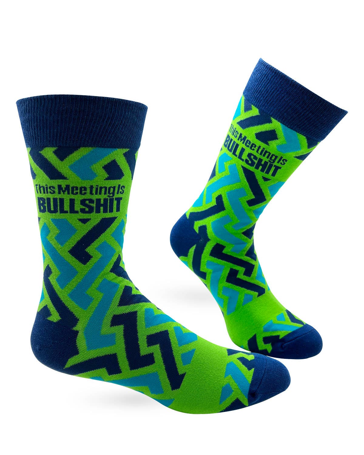 Green and blue socks with text on a white background