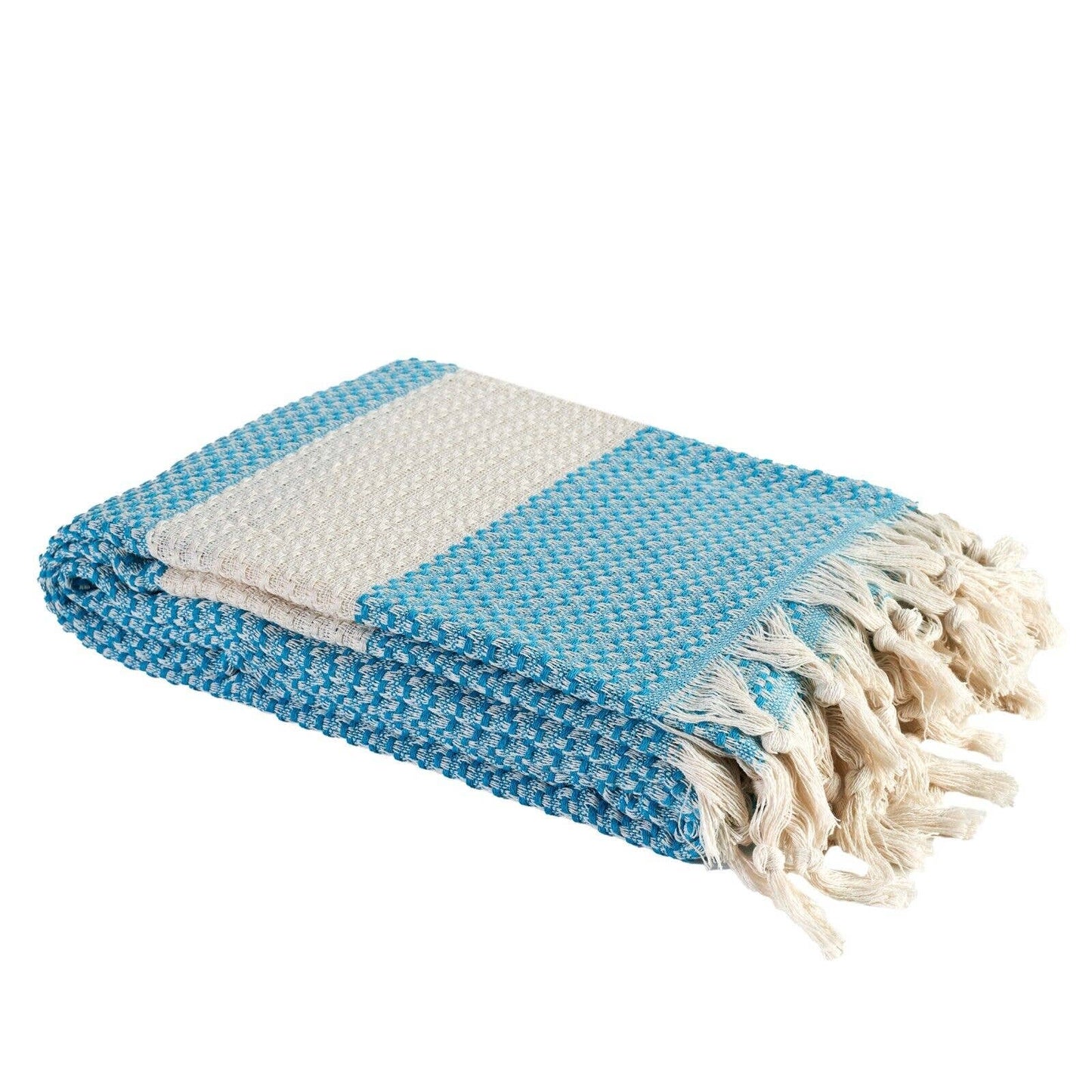 Blue and white checkered towel with tassels on a white background
