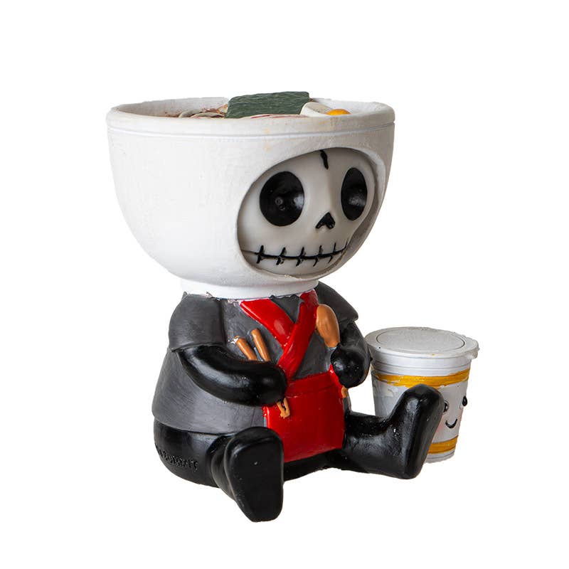 Skeleton character with a cup on a white background