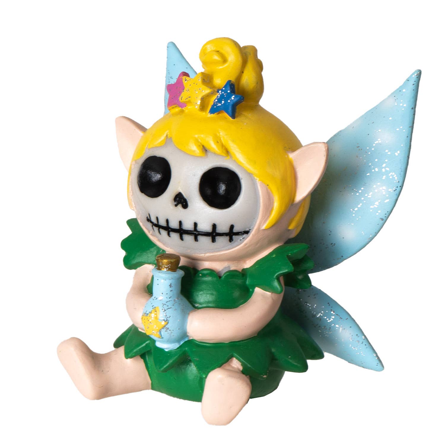 Toy Furrybones Tinker figure of a skeleton fairy with blonde hair, green dress, and blue wings on a white background