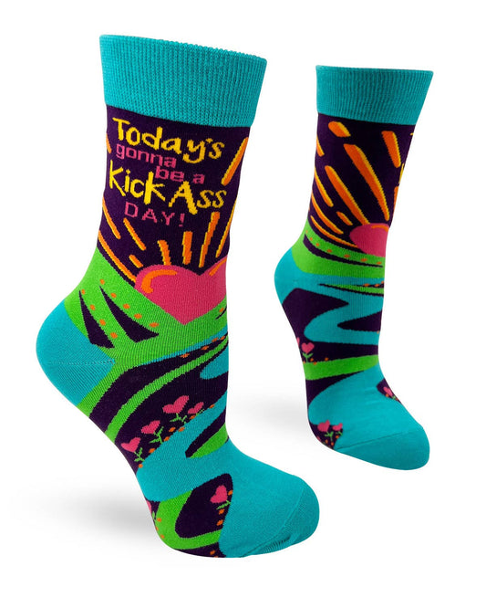 Colorful socks with text and patterns on a white background