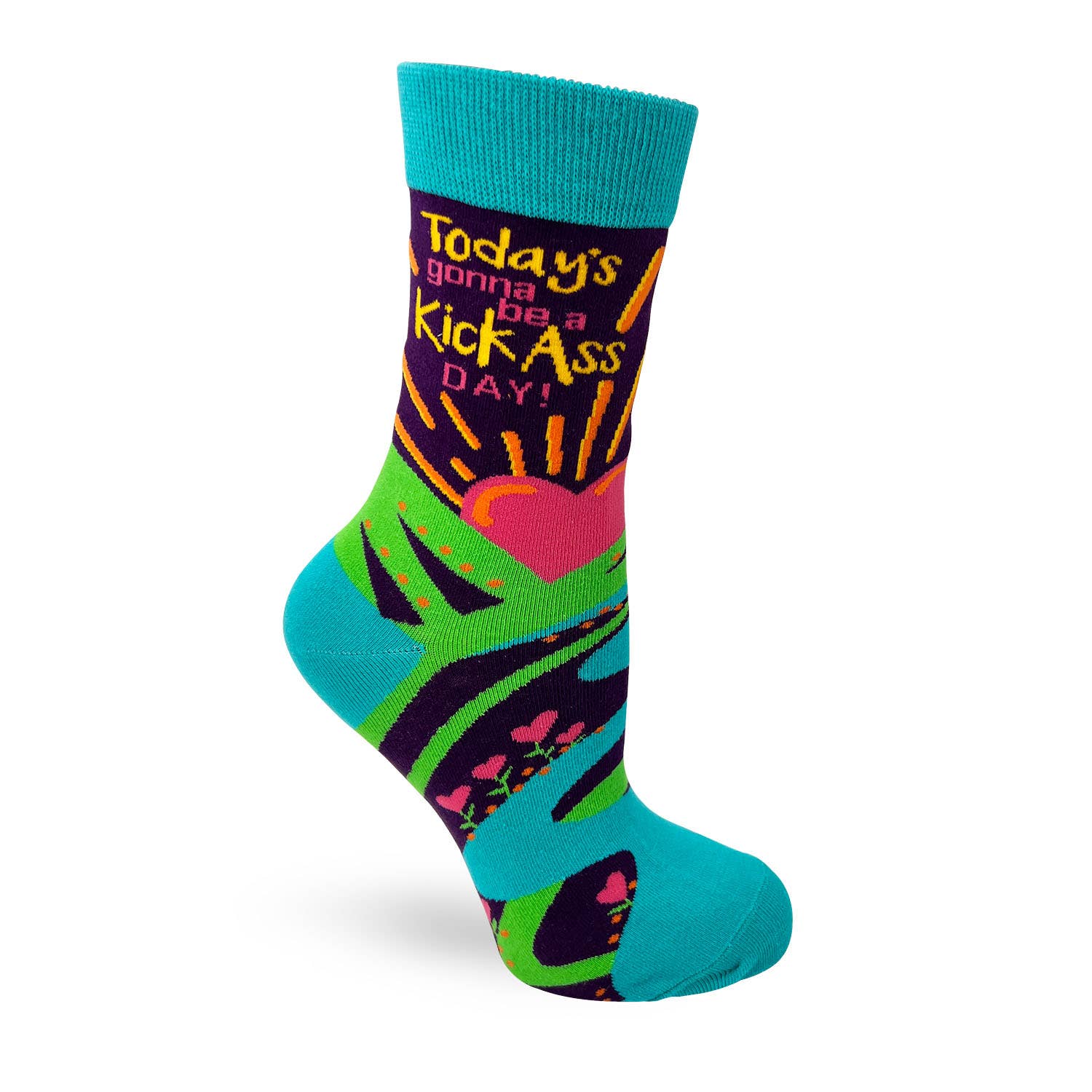 Colorful sock with text and patterns on a white background