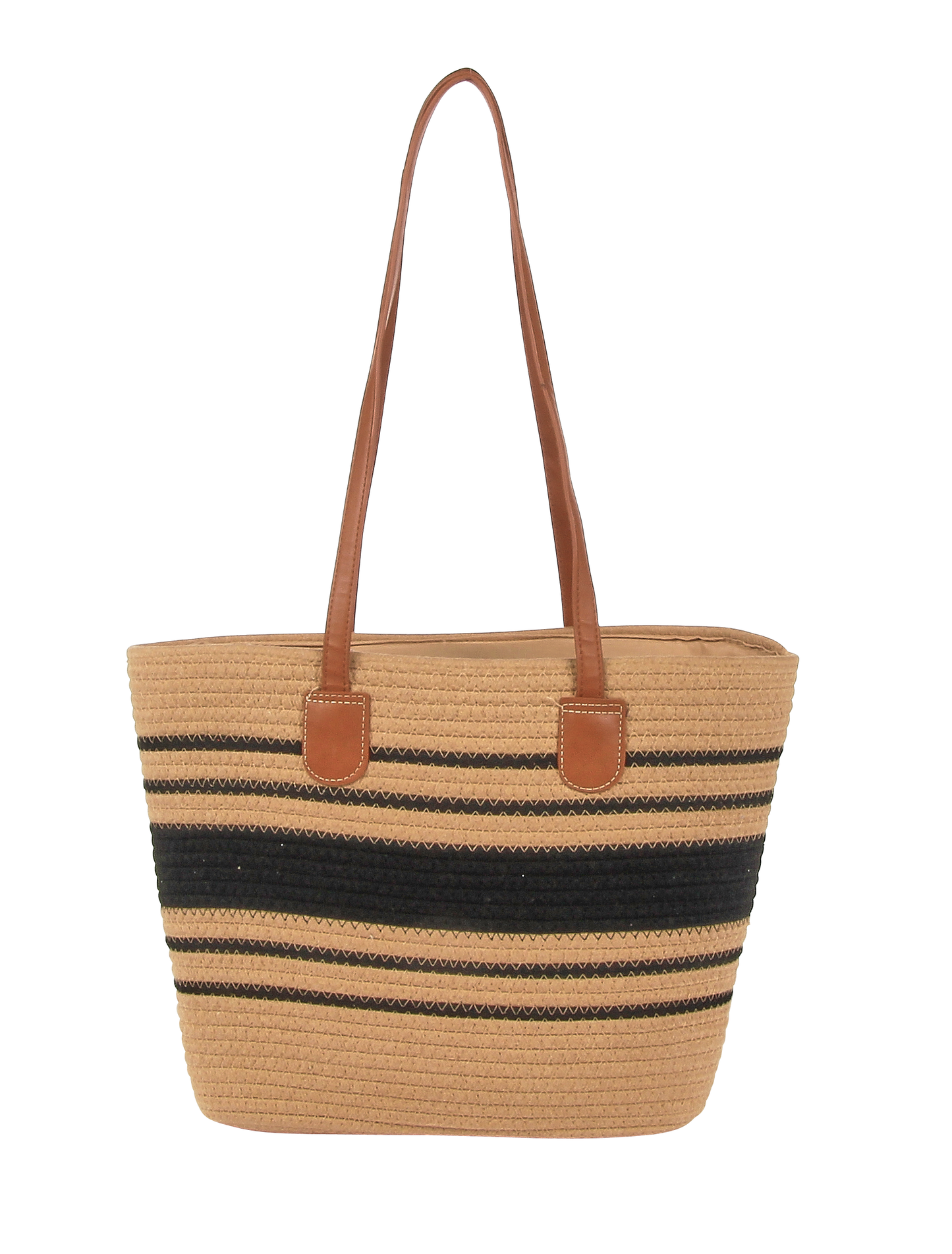 Straw tote bag with black stripes and brown handles on a white background