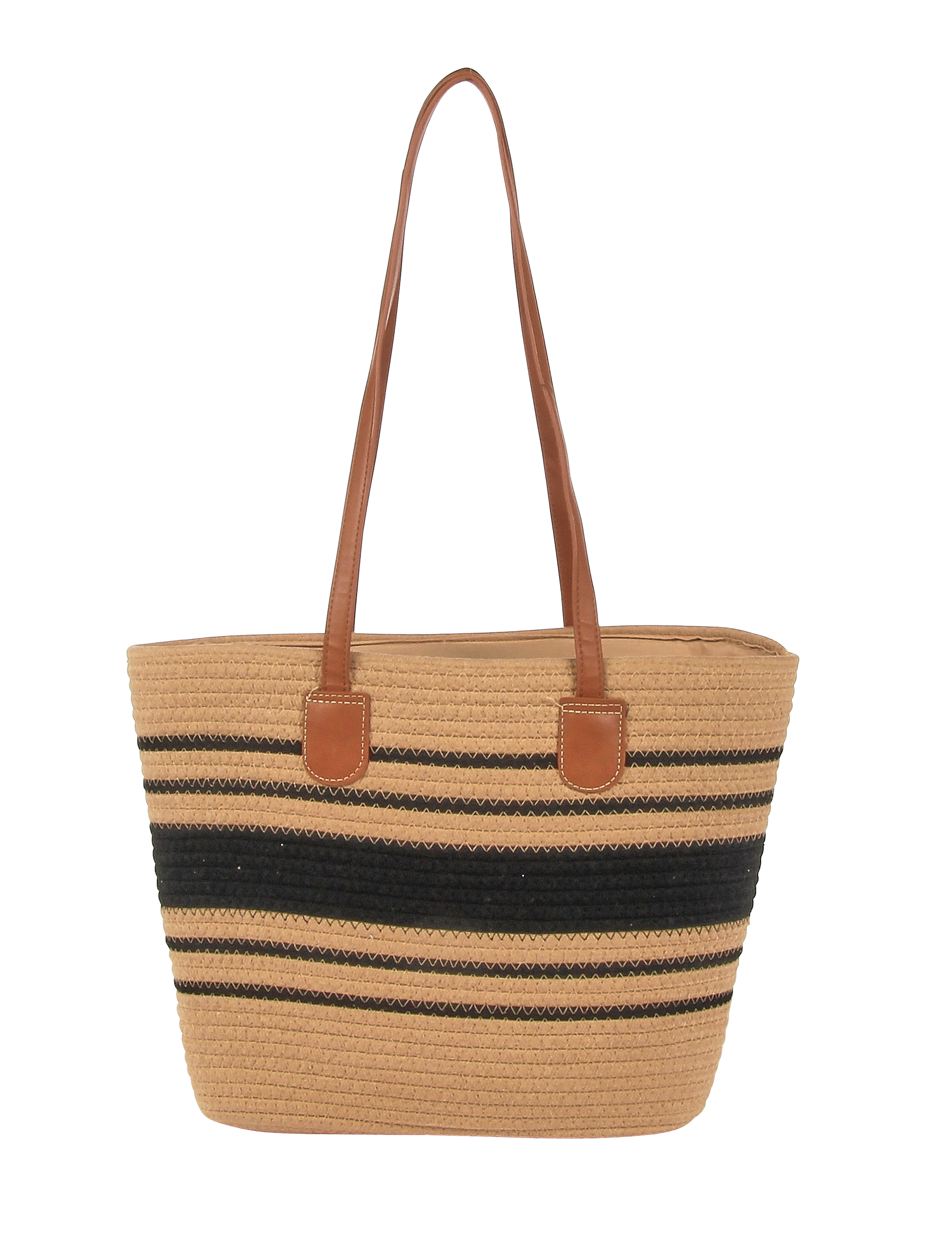 Straw tote bag with black stripes and brown handles on a white background