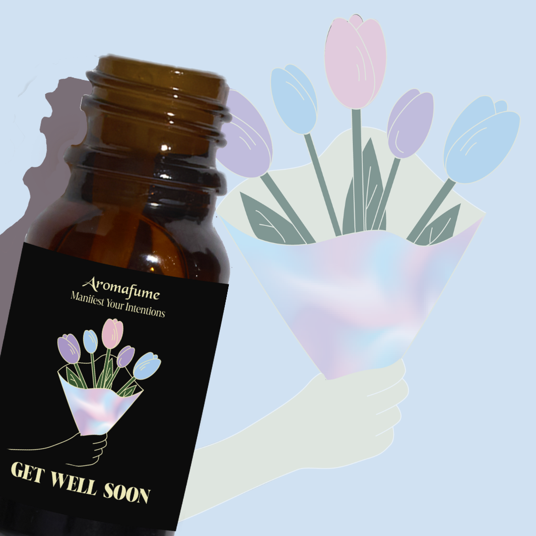 Aromatherapy bottle with 'Get Well Soon' label and tulip illustration on a light blue background