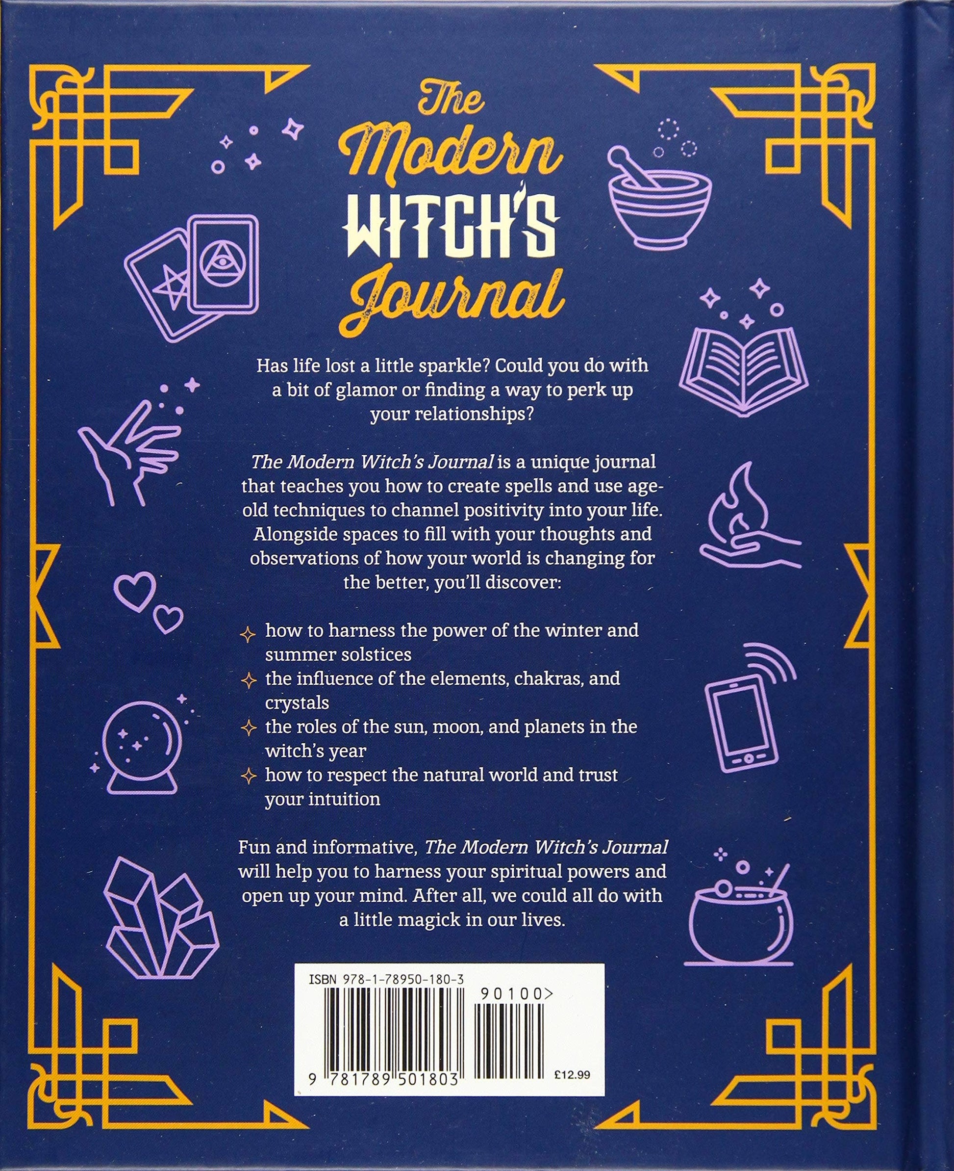 Back cover of 'The Modern Witch's Journal' with text and illustrations on a blue background