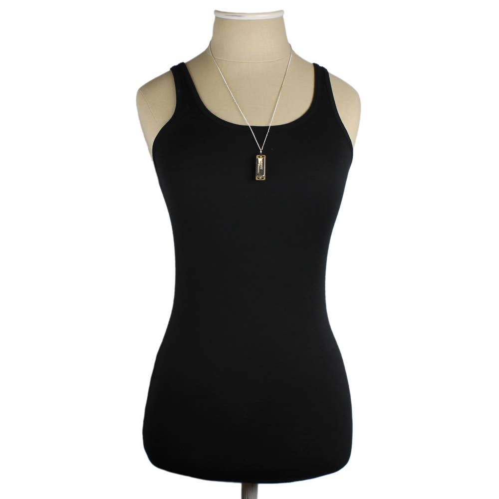 Black tank top on a mannequin with a white background