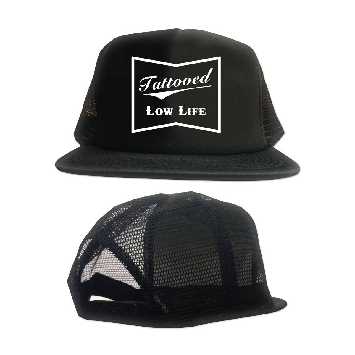 Black trucker hat with 'Tattooed Low Life' text on a white background