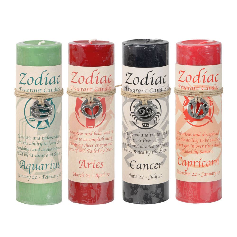 Four zodiac candles with corresponding symbols and dates on a white background