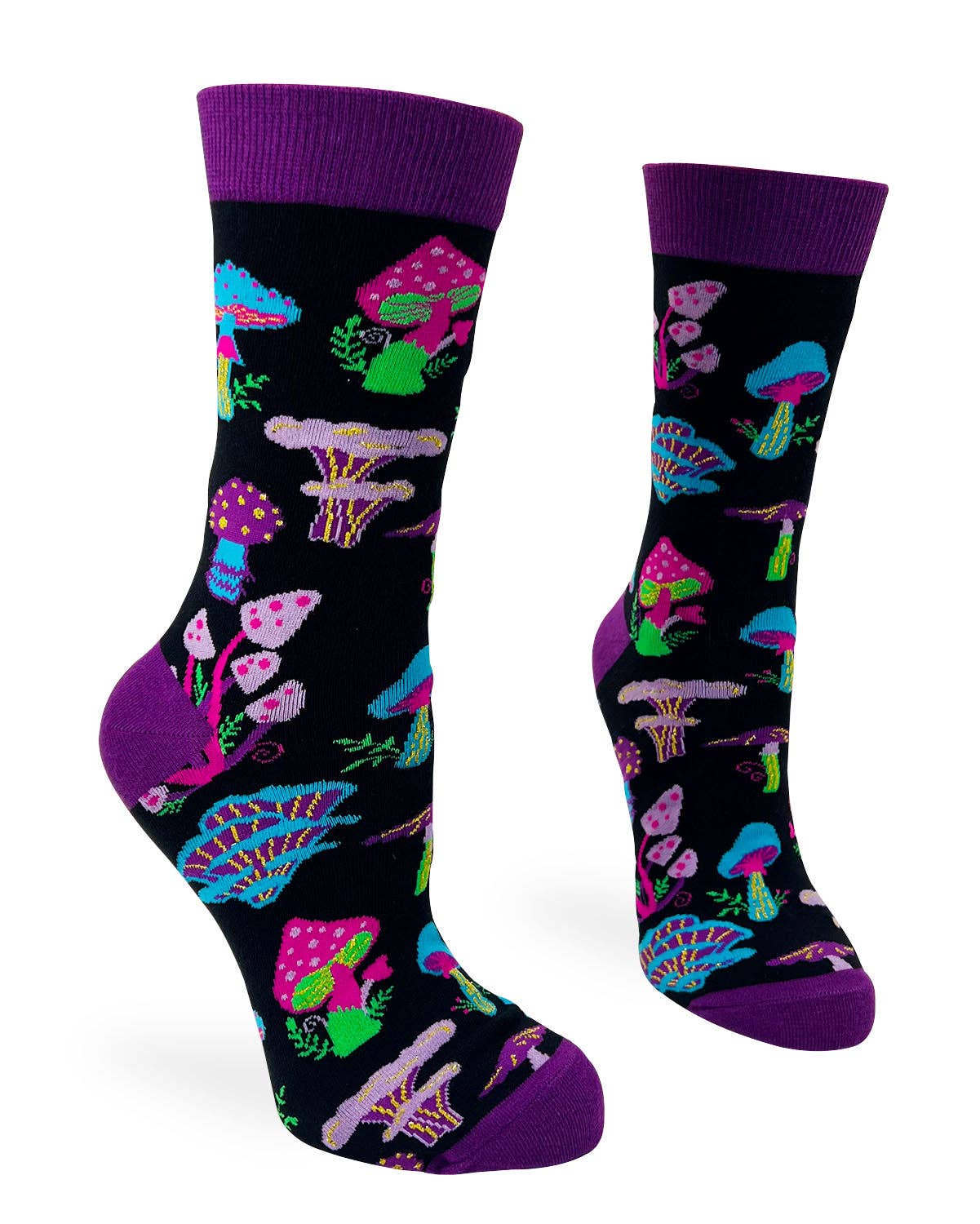 Colorful mushroom-patterned socks with purple accents on a white background