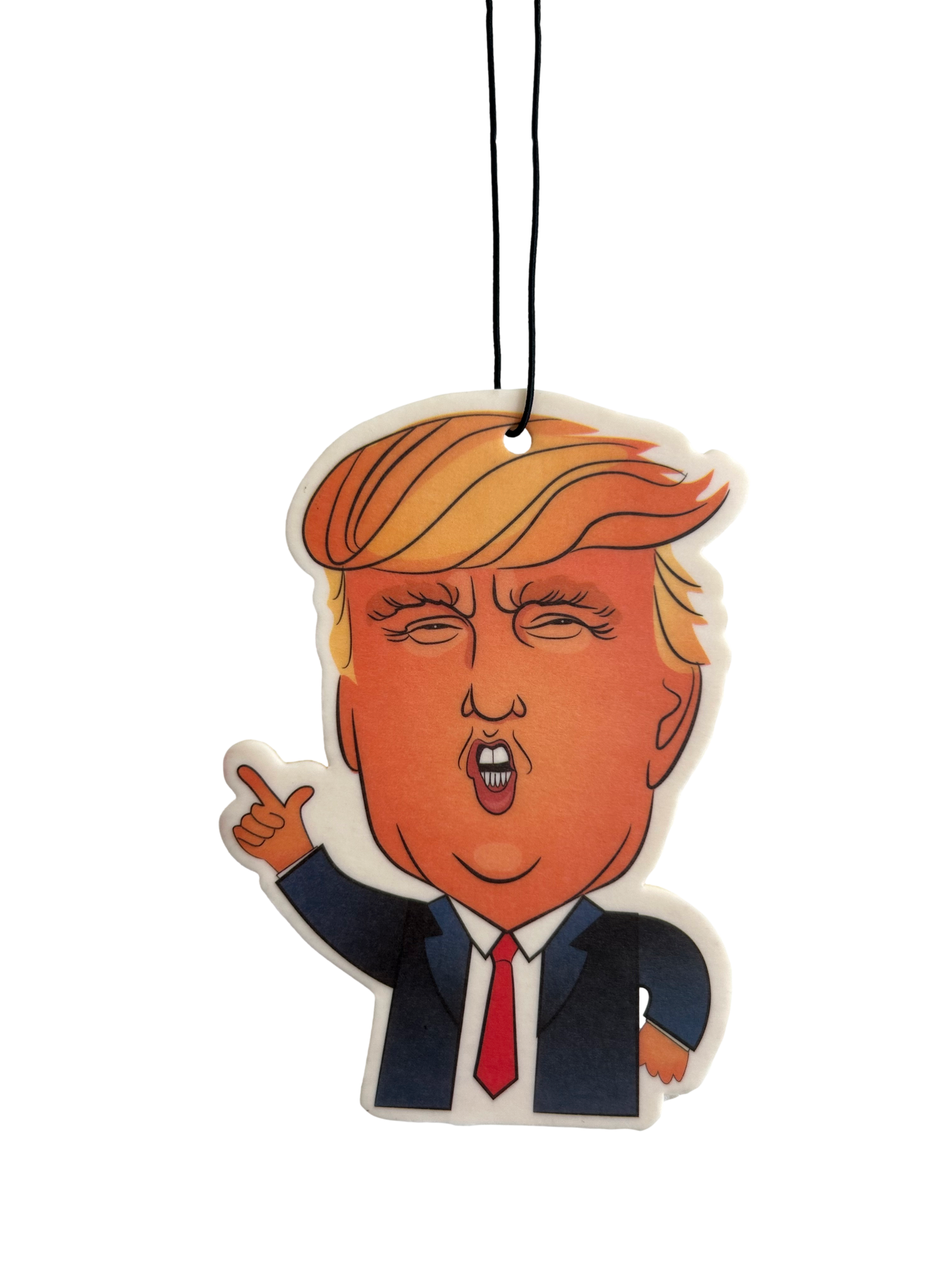 Cartoon-style air freshener shaped like a person with orange hair and a red tie on a white background.