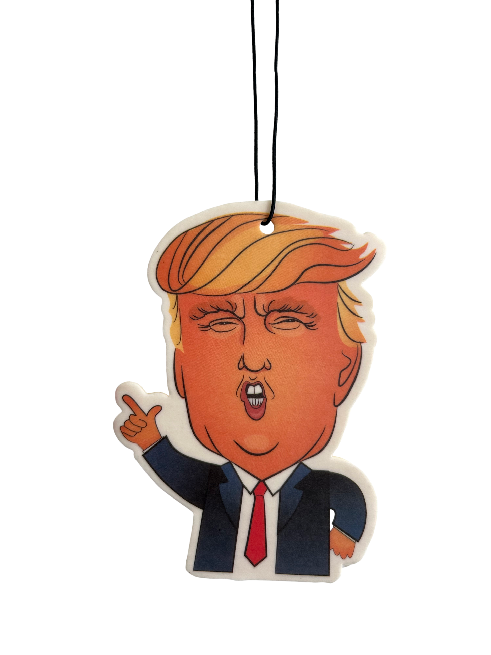 Cartoon-style air freshener shaped like a person with orange hair and a red tie on a white background.
