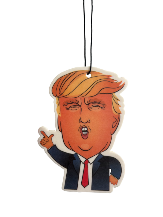 Cartoon-style air freshener shaped like a person with orange hair and a red tie on a white background.