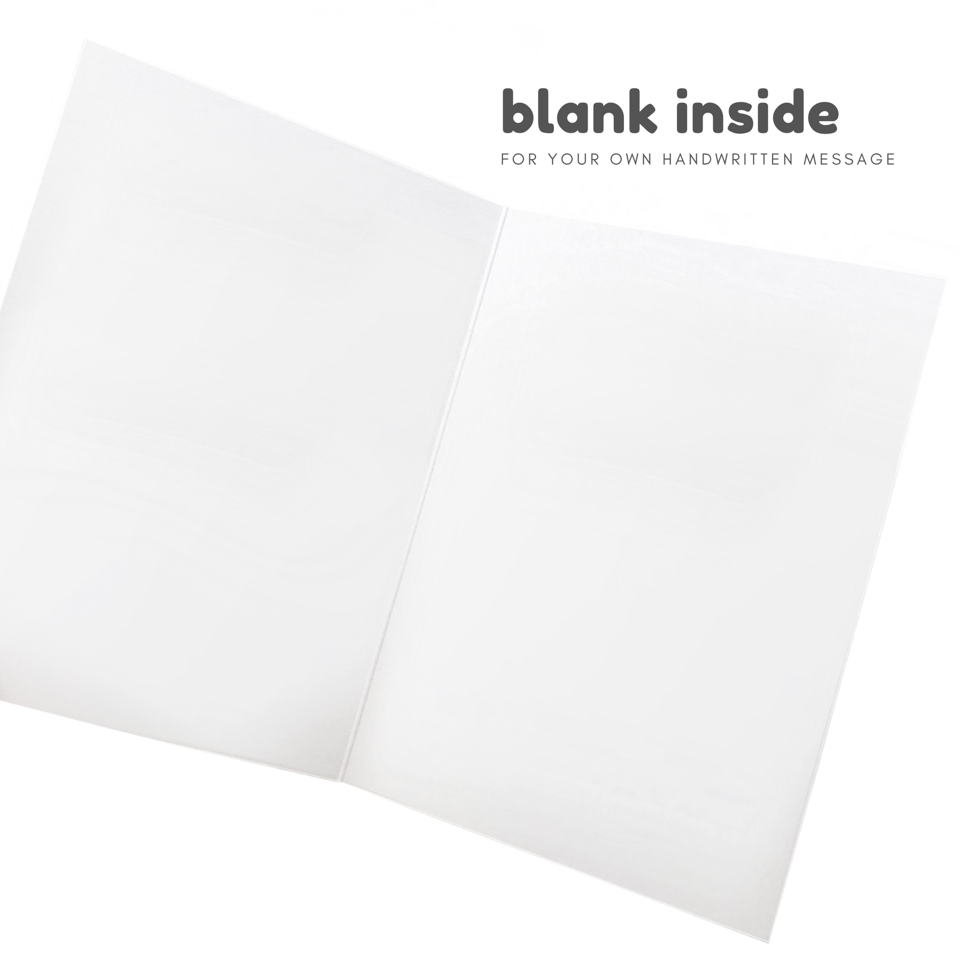 White card with text 'blank inside for your own handwritten message' on a white background