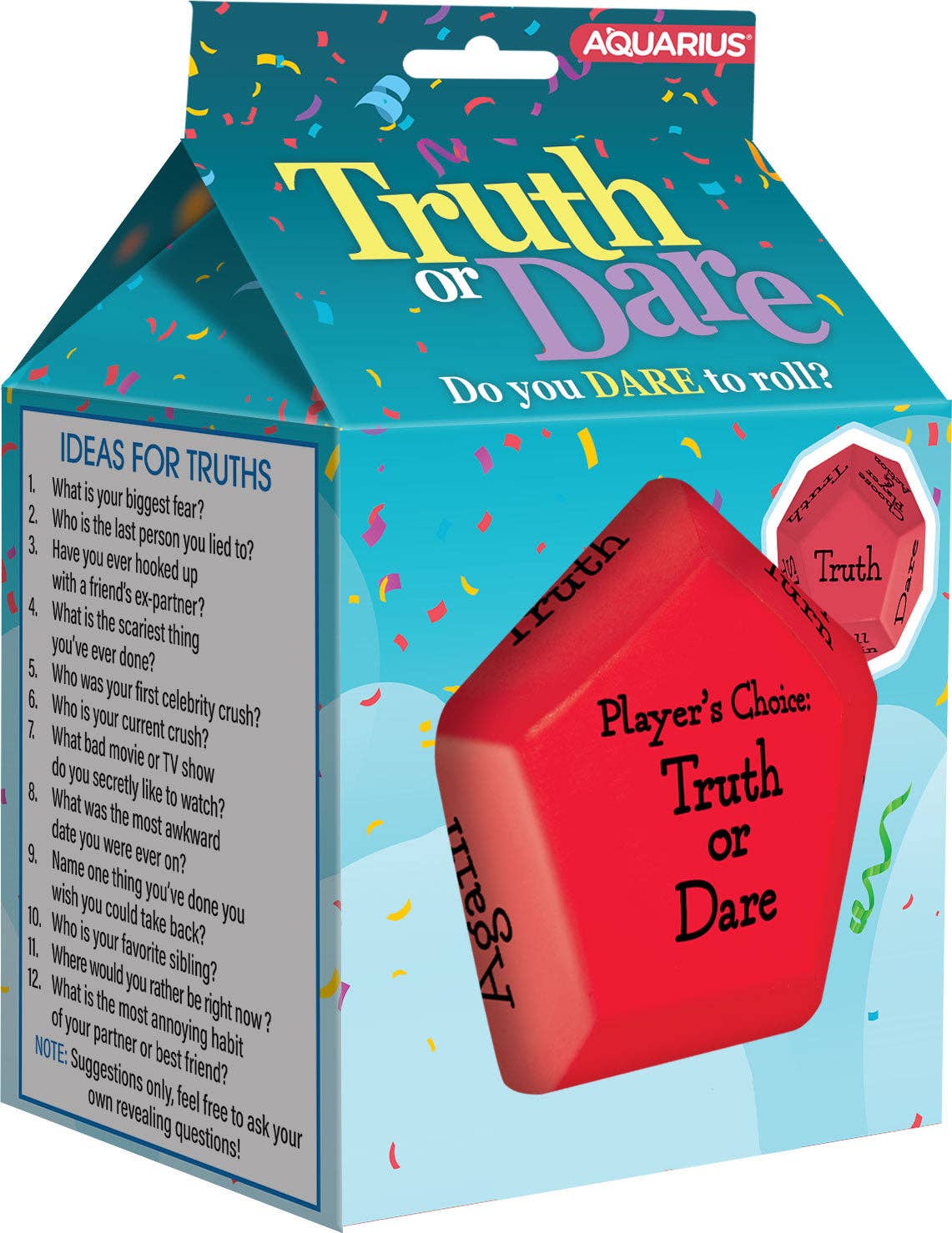 Red 'Truth or Dare' game die in a colorful box with Aquarius branding.