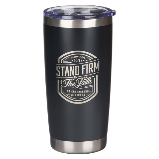 Black tumbler with motivational quote on a white background