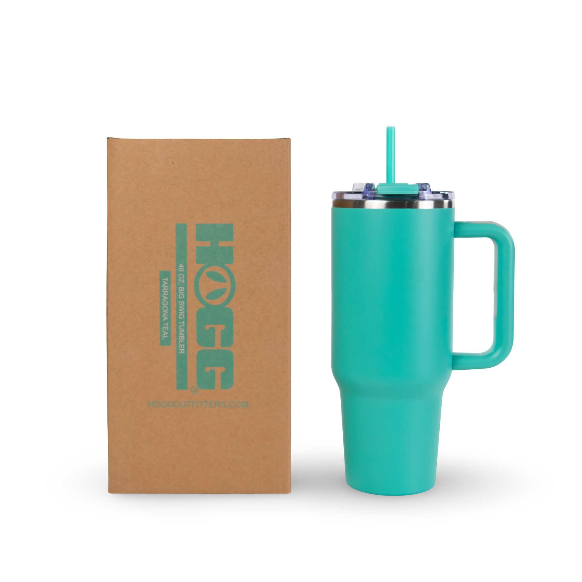 Turquoise mug with handle and straw next to a brown box with 'HOG' branding on a white background
