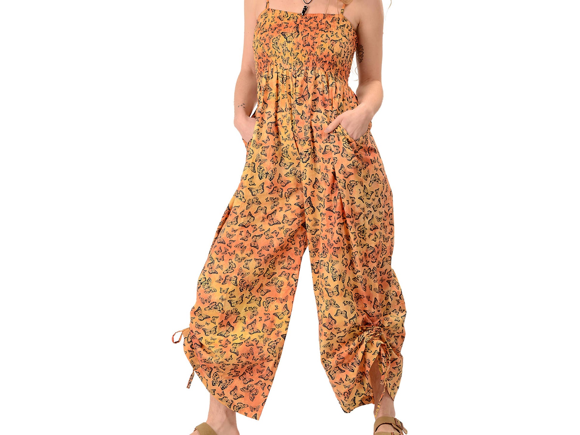 Floral patterned harem pants on a white background