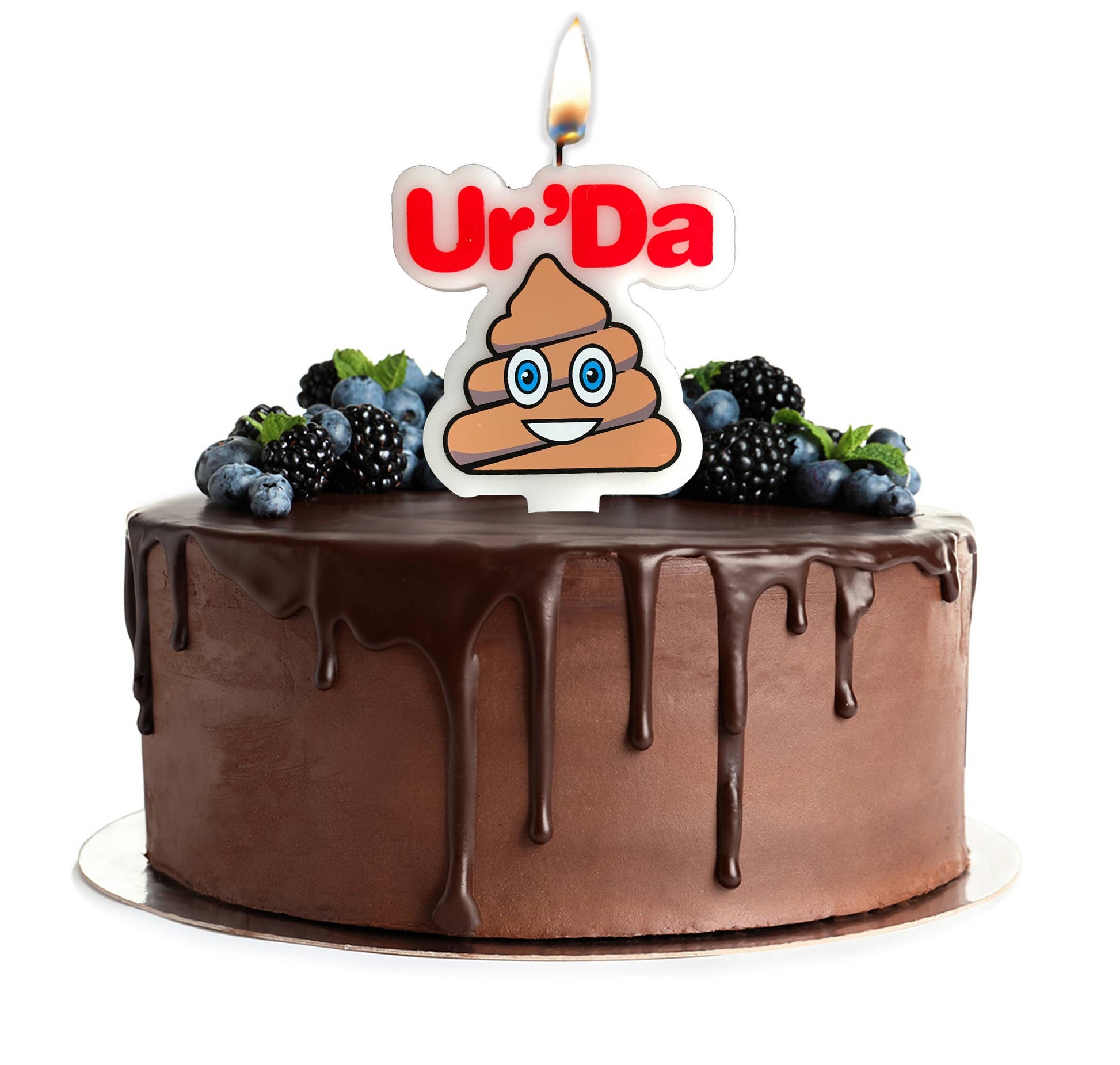 Chocolate cake with berries and a 'Ur'Da' poop emoji candle on a white background