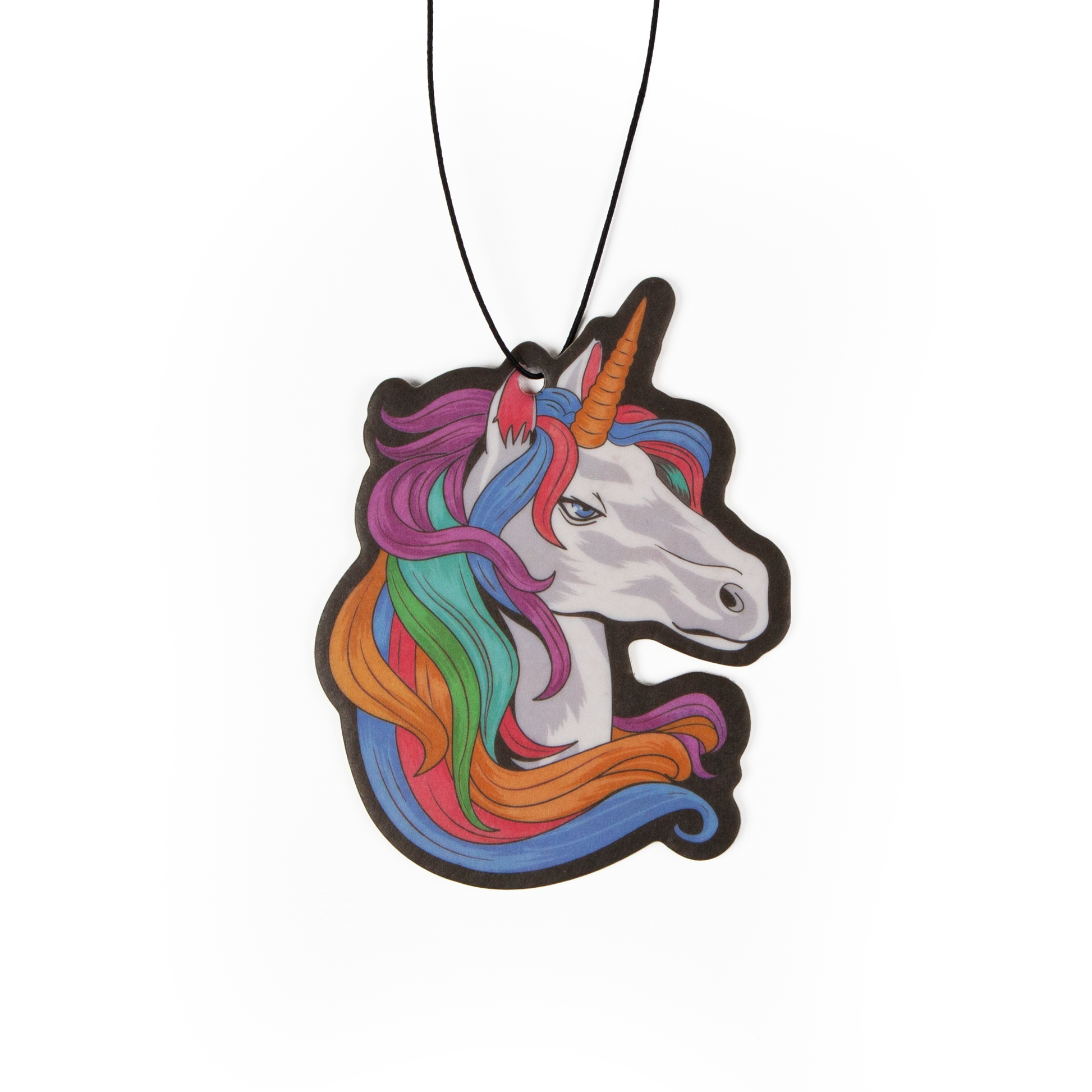 Unicorn-shaped air freshener with colorful mane on a white background