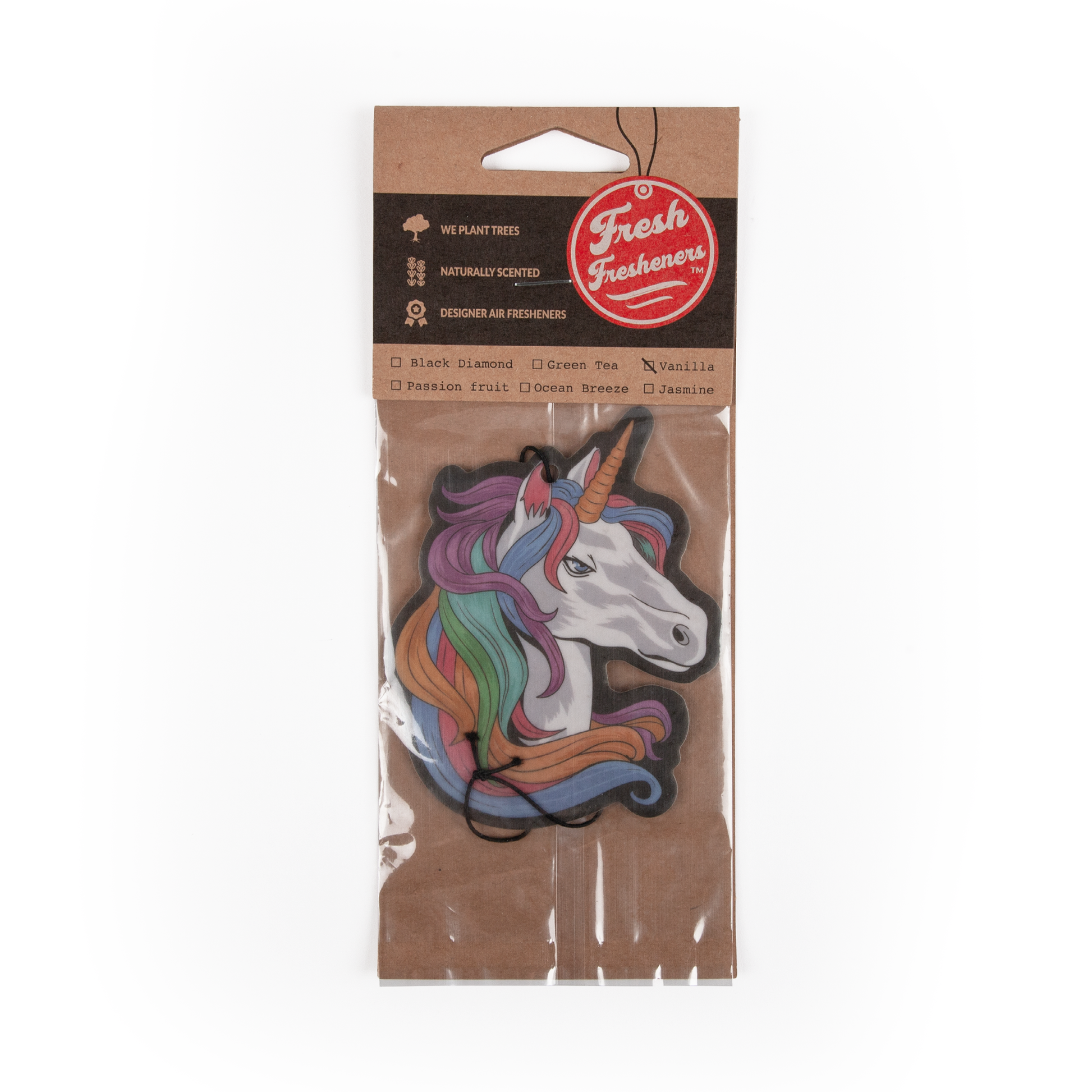 Unicorn-shaped air freshener in a brown package with 'Fresh Fresheners' branding.