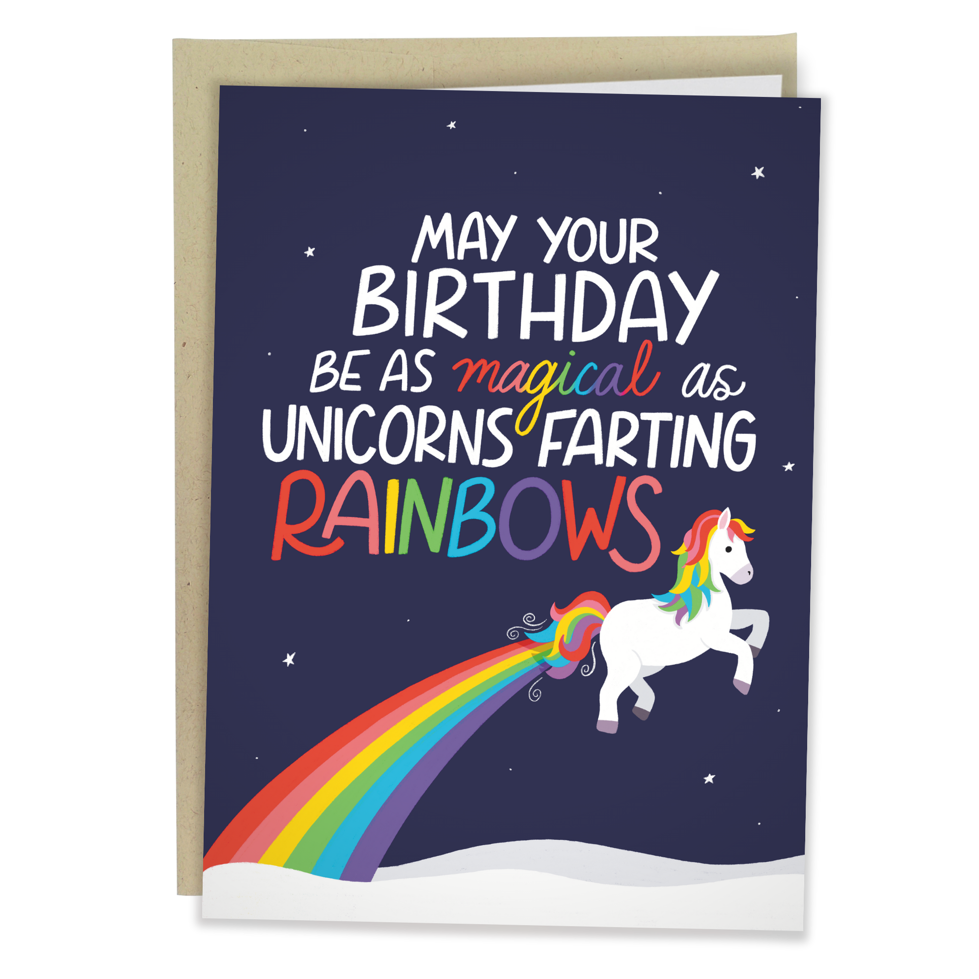 Birthday card with unicorn and rainbow illustration and humorous text on a dark blue background.