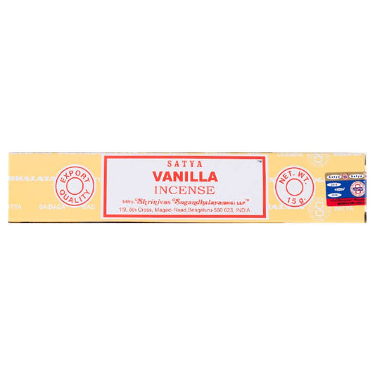 Box of Satya Vanilla Incense on a white background