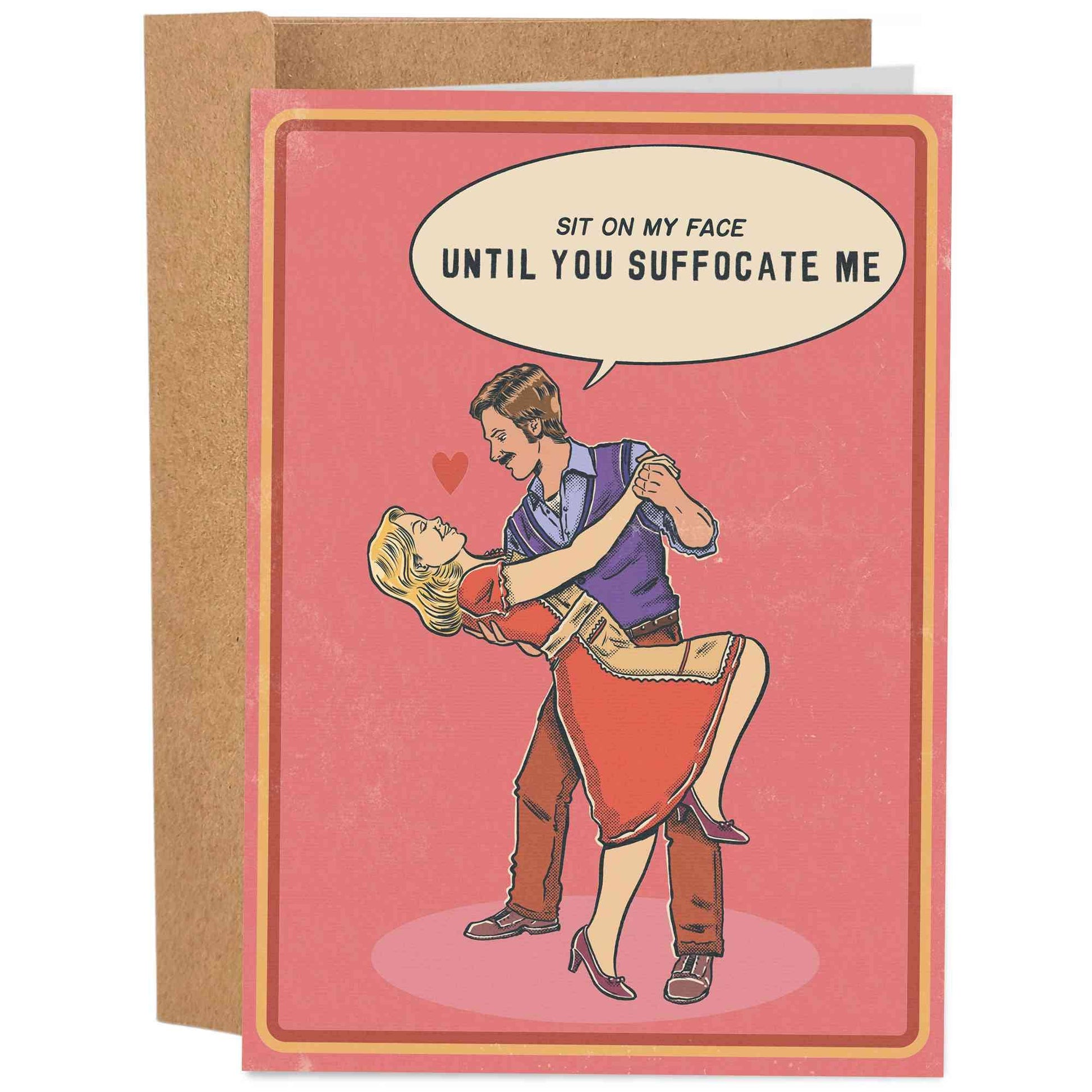 Card with illustration of a man and woman in a dramatic pose, with a speech bubble and heart symbol.