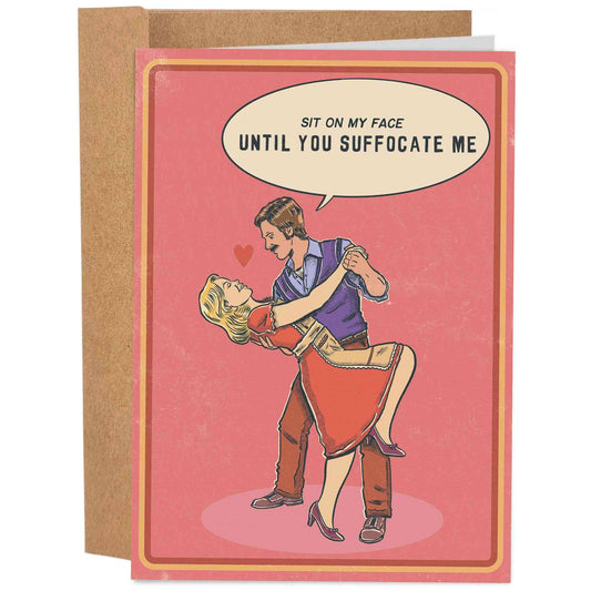 Card with illustration of a man and woman in a dramatic pose, with a speech bubble and heart symbol.
