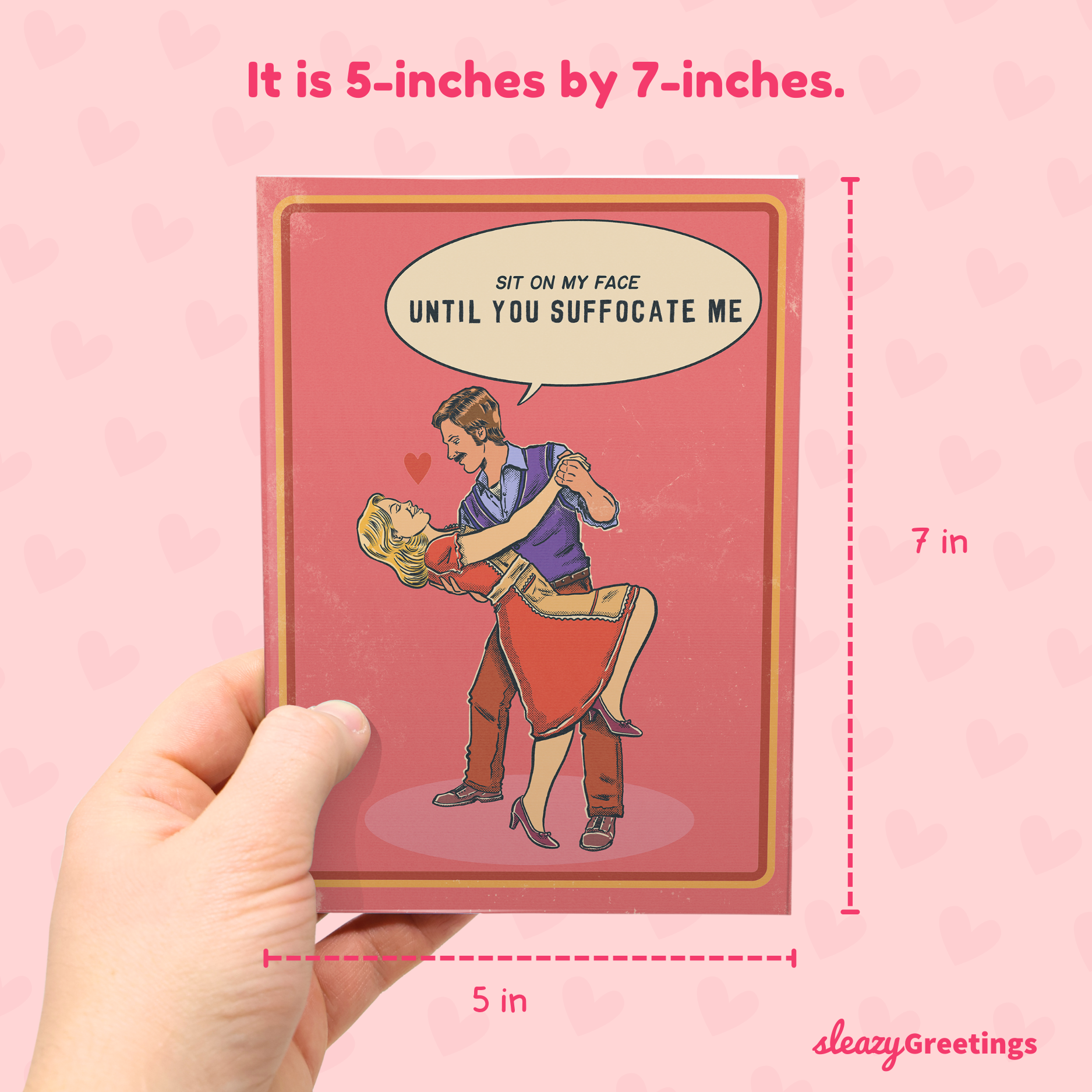 Card with graphic design and text, held by a hand against a pink background, with dimensions indicated.
