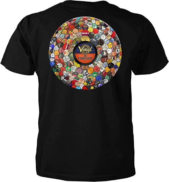Black t-shirt with colorful vinyl record design on a white background