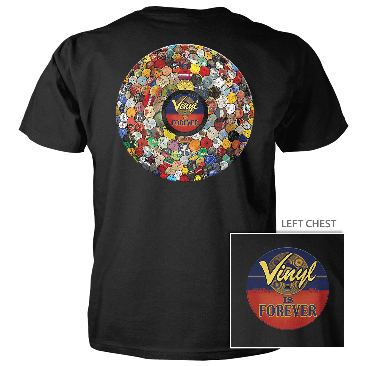 Black t-shirt with colorful vinyl record design and 'Vinyl is Forever' text on a green background