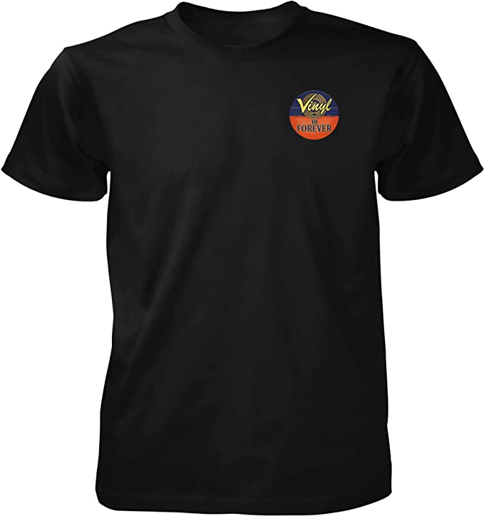 Black t-shirt with a colorful graphic on the chest against a white background