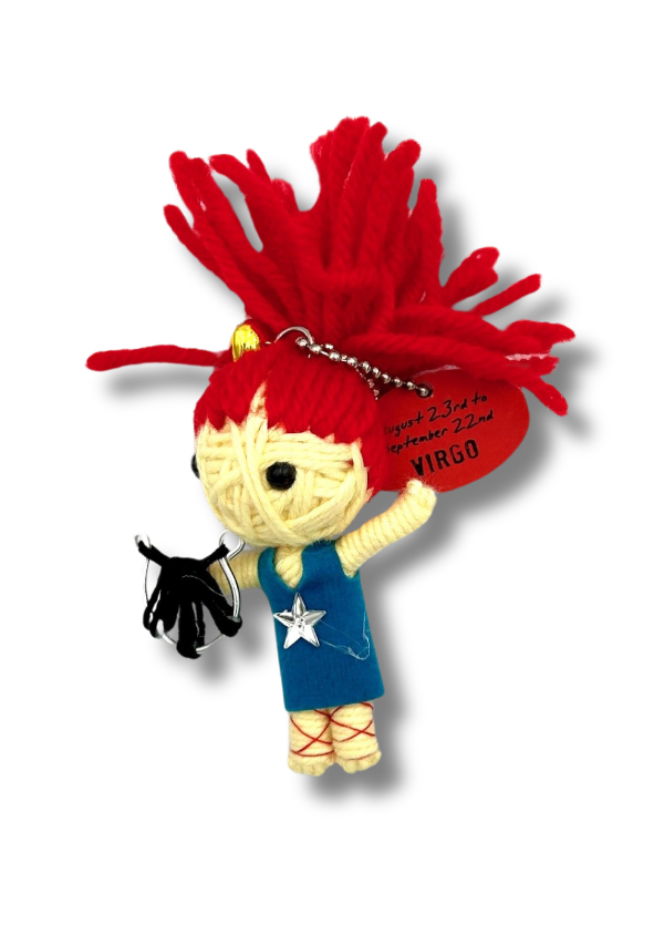 Plush Virgo VooDoo Doll keychain with red hair and blue outfit on a white background