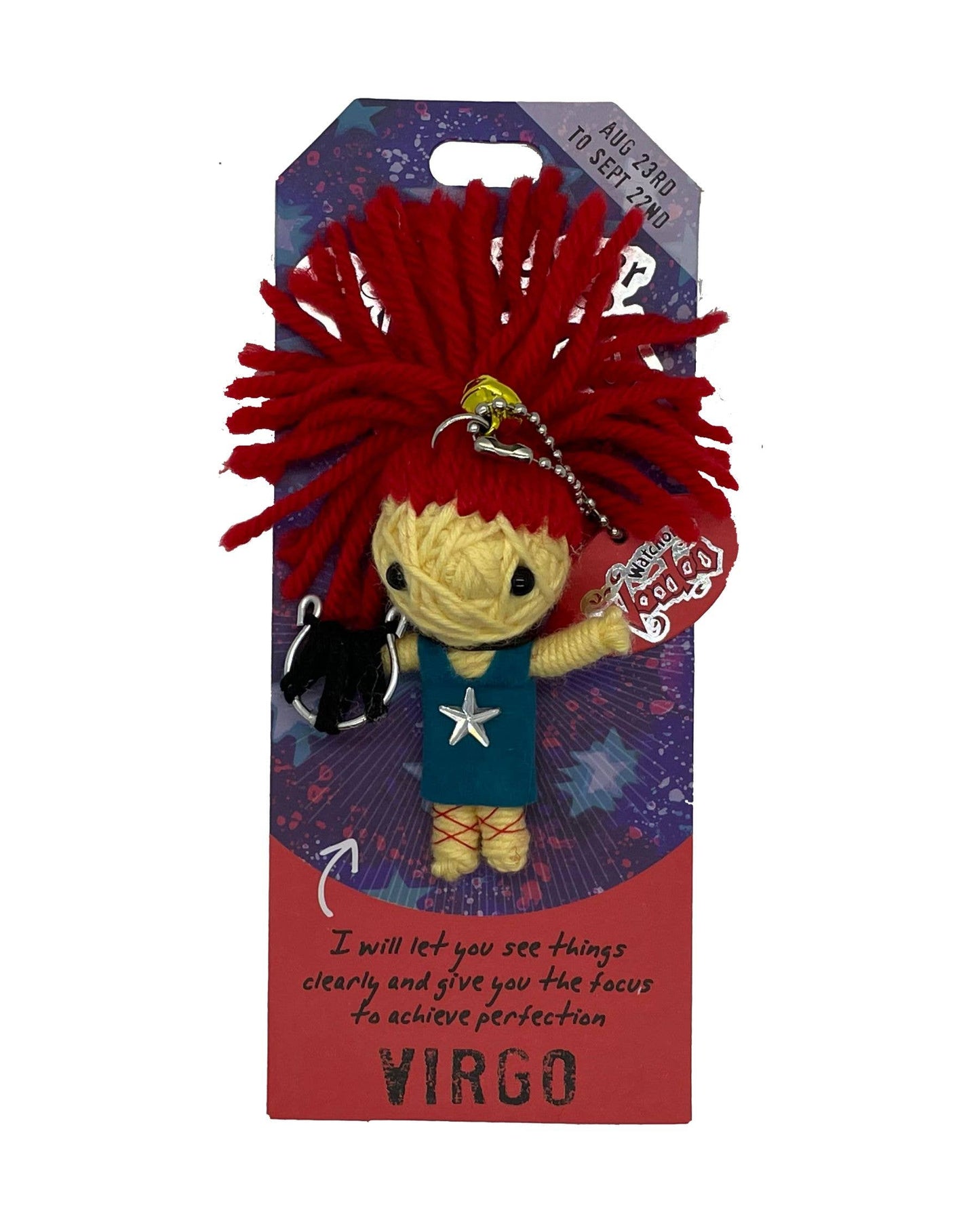 Plush voodoo doll keychain with red hair and star on a branded card, featuring the word 'Virgo'.