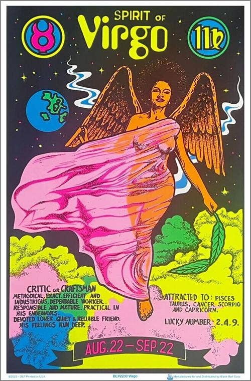 Astrological poster of Virgo with a woman holding a leaf, colorful design elements, and text.