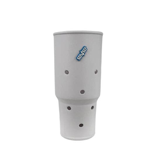 Gray tumbler with holes and a brand logo on a white background
