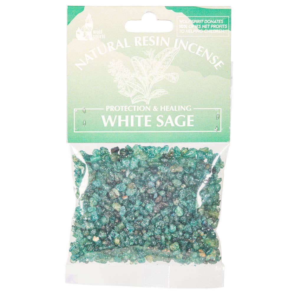 Package of white sage resin incense with a green label on a white background