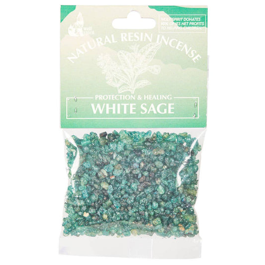 Package of white sage resin incense with a green label on a white background