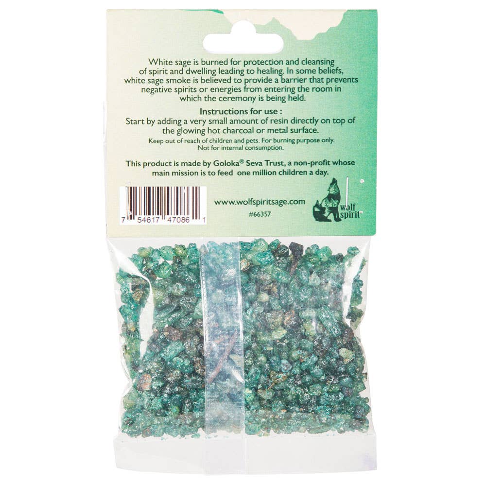 White sage packaging with green label and product inside on a white background