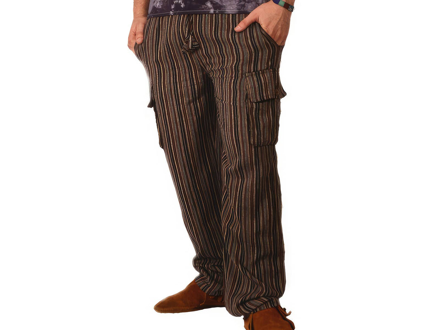 Brown striped cargo pants worn by a person on a white background
