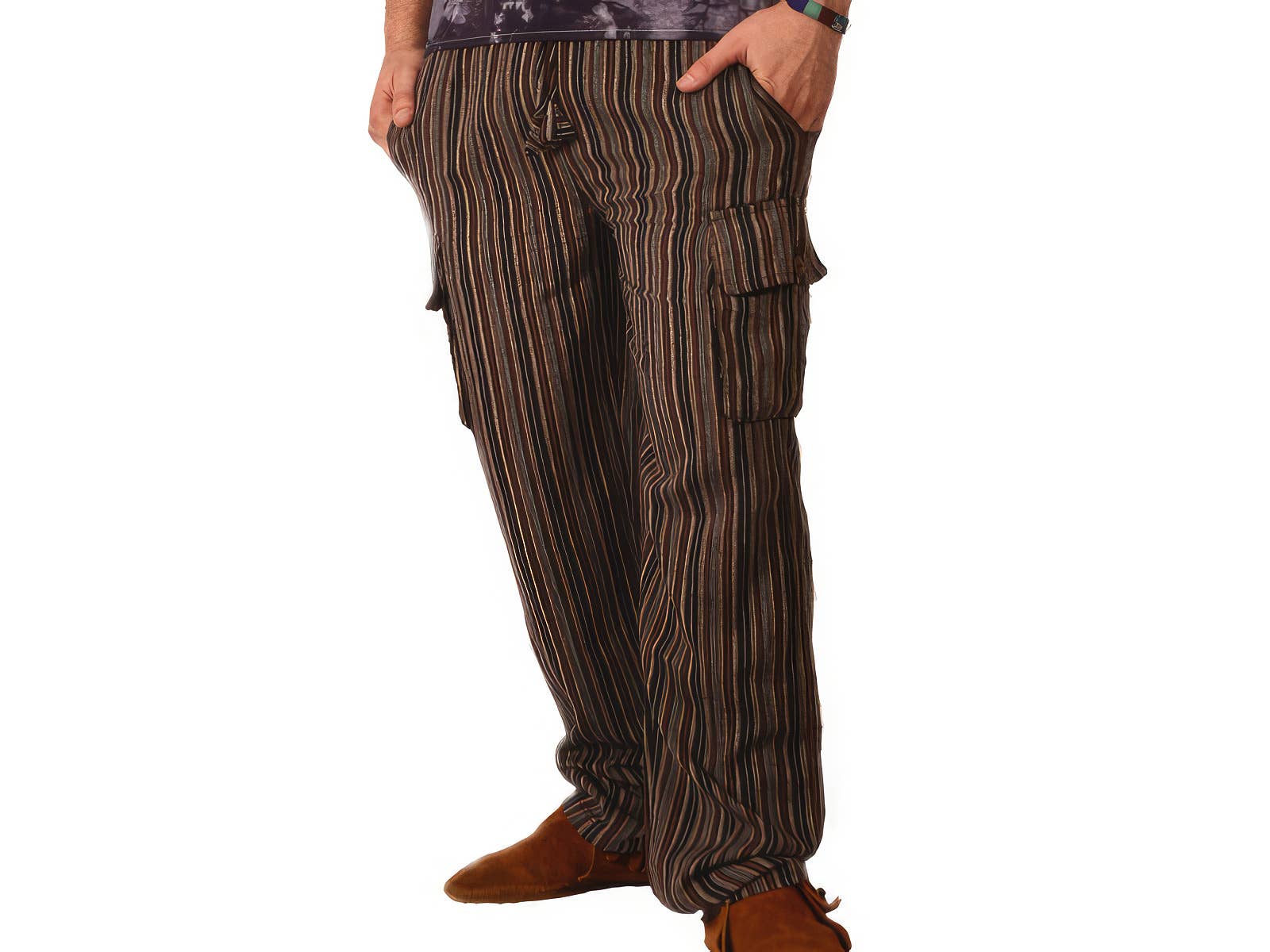 Brown striped cargo pants worn by a person on a white background