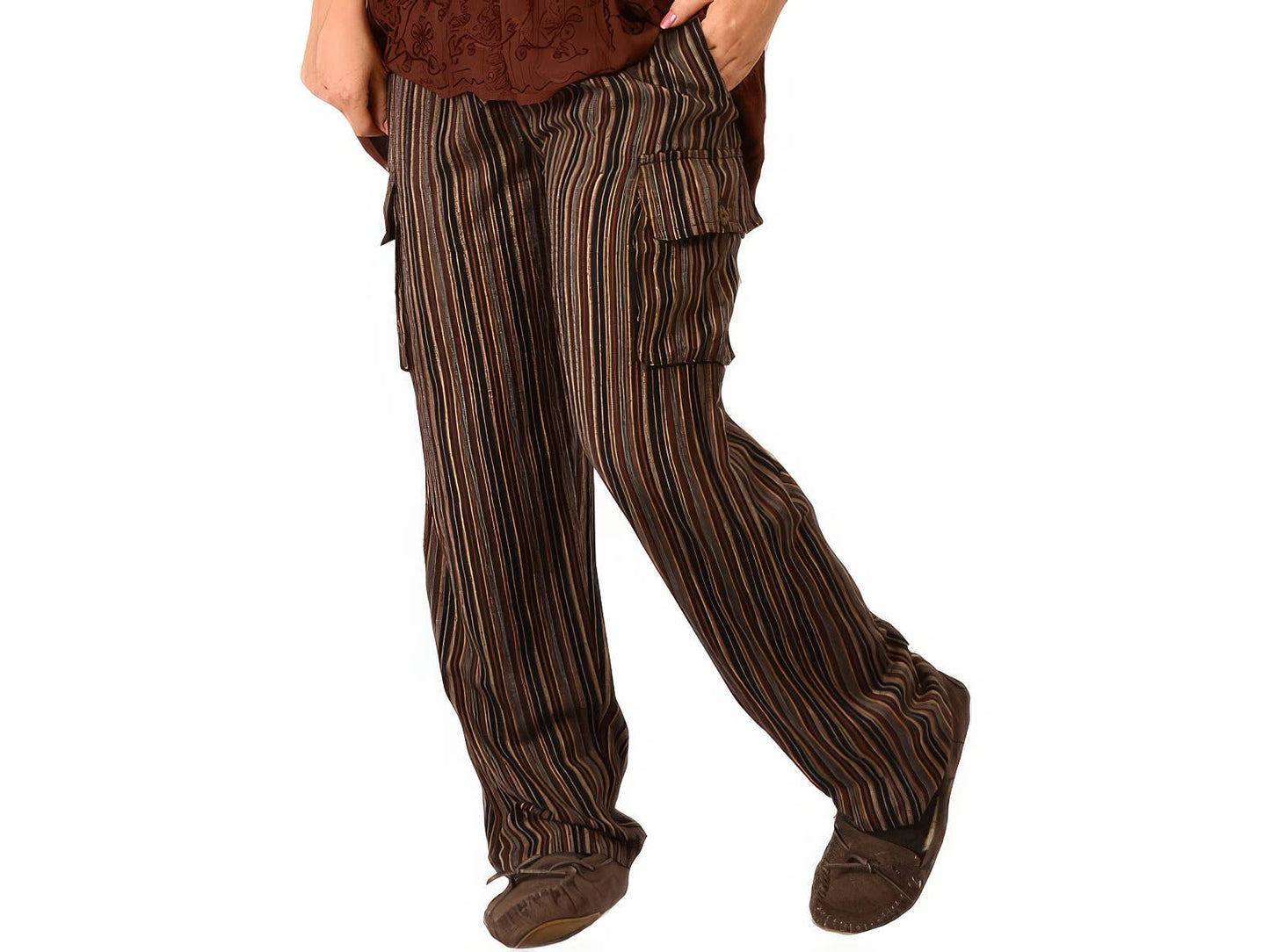 Brown striped pants worn by a person on a white background