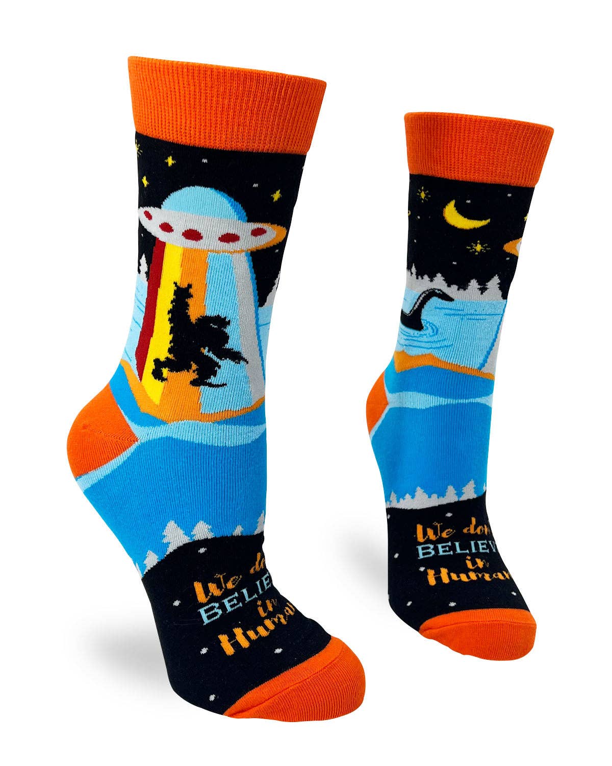 Colorful socks with UFO and space theme on a white background