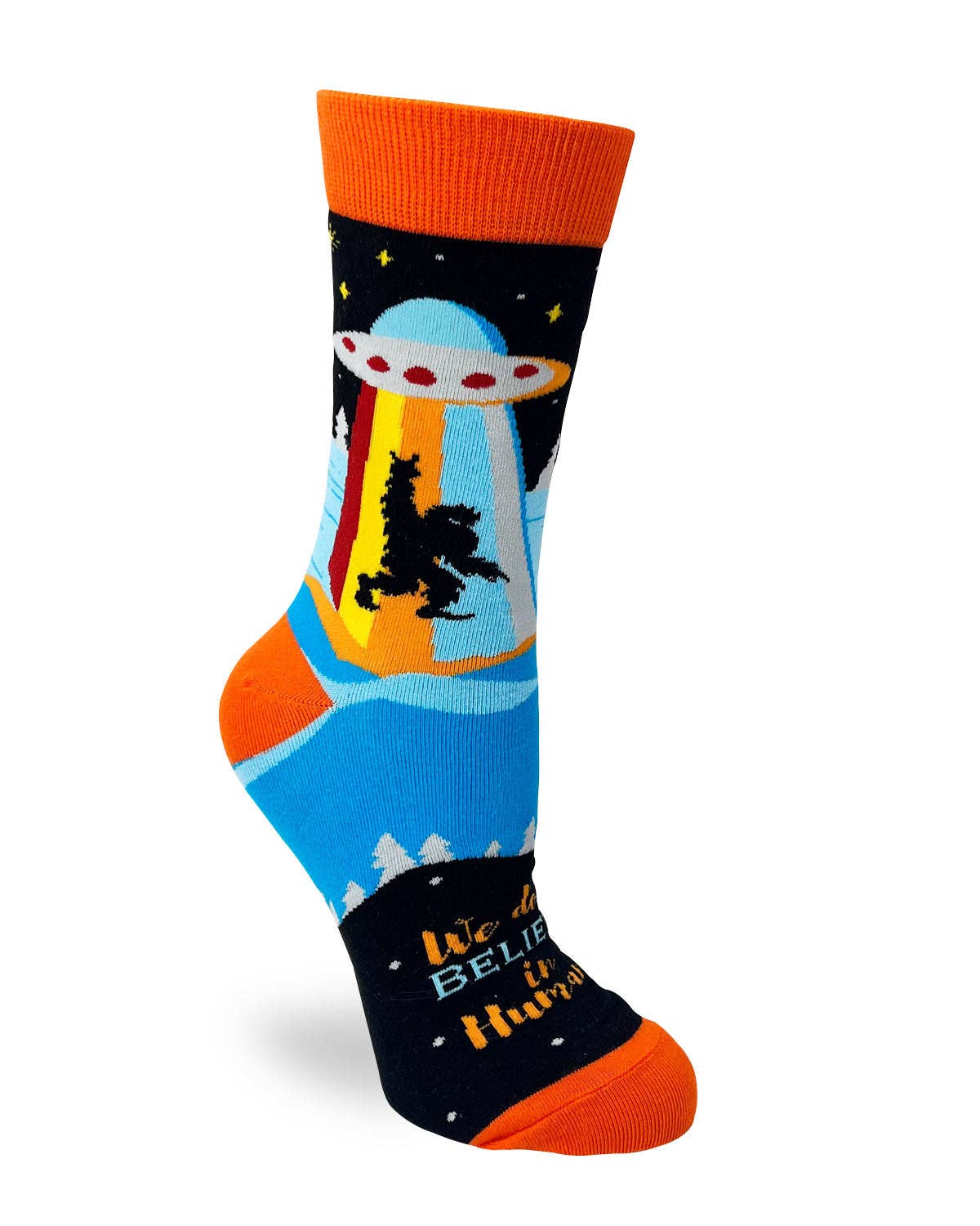 Colorful sock with UFO and alien design on a white background