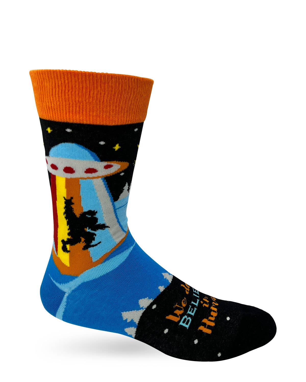 Sock with UFO and alien design on a white background