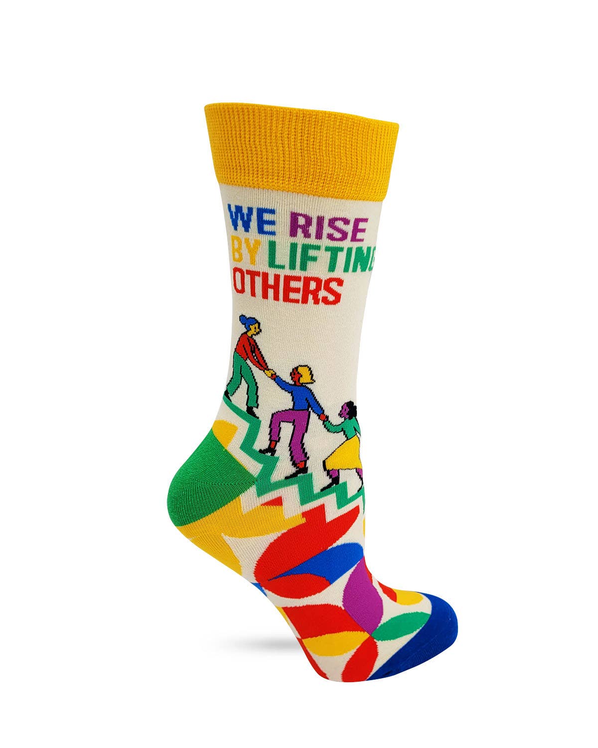 Colorful sock with text and graphic design on a white background