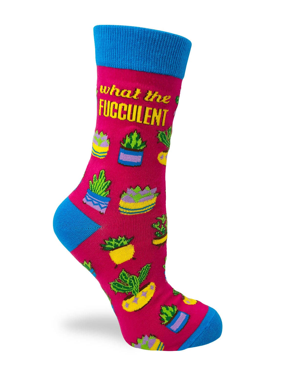 Colorful sock with plant designs and text on a white background